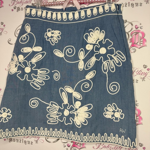 River woods skirt corset lace up tie ribbon embroidered floral flowers denim - Picture 3 of 13